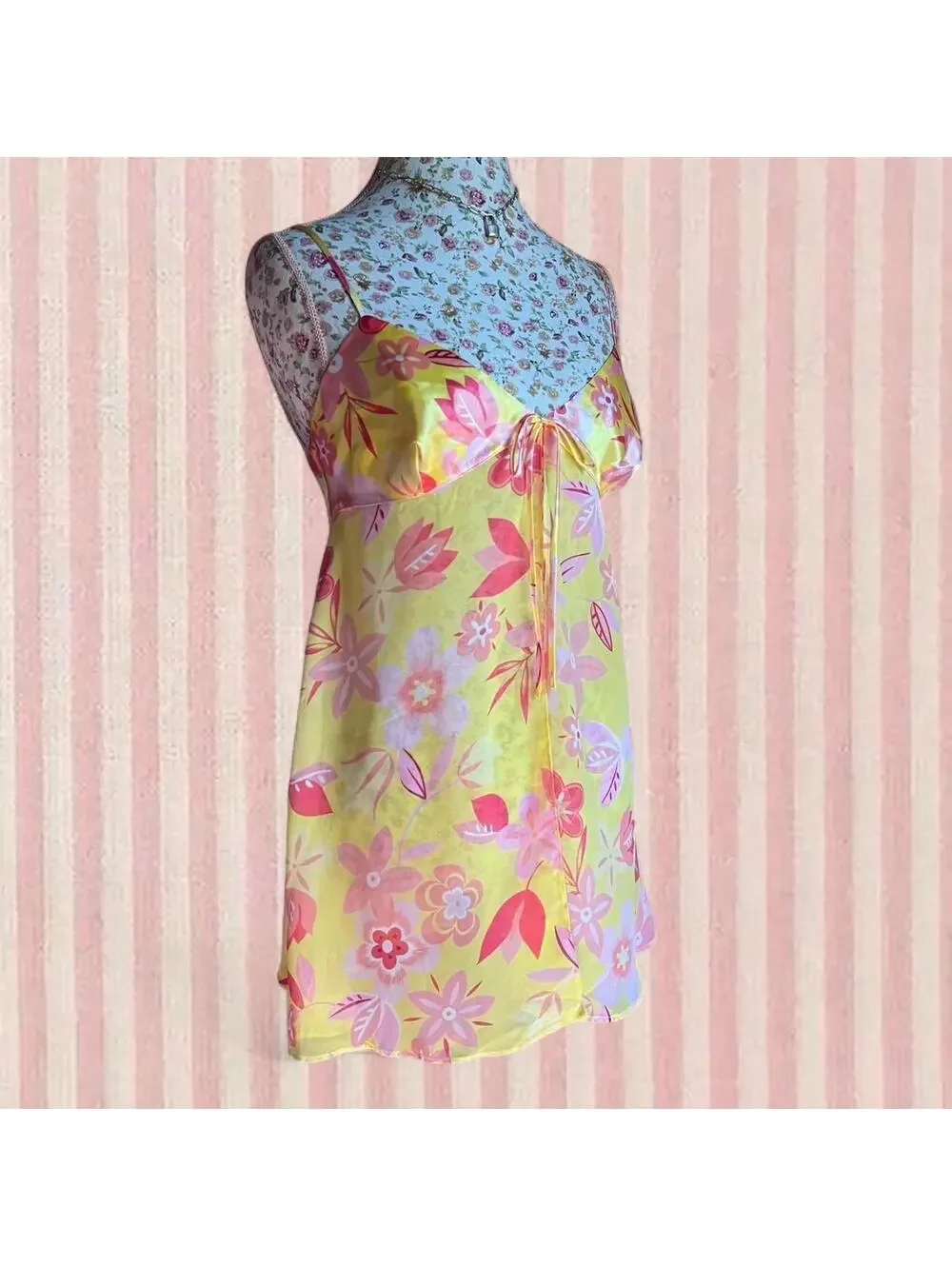 y2k vintage yellow floral babydoll dress and thong set
